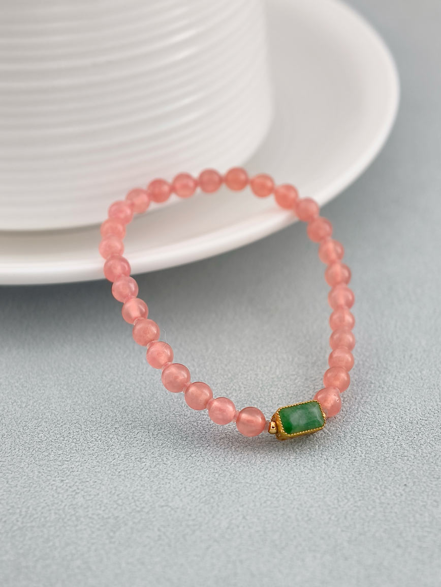 Natural Rhodochrosite and 18K Gold Inlaid Jadeite Bracelet image