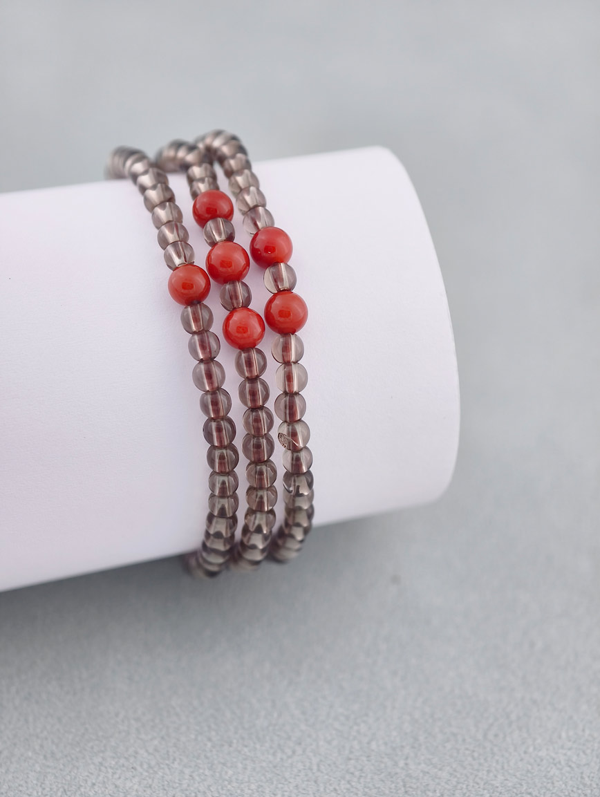 Natural Smoky Quartz and Agate Three-Wrap Bracelet image