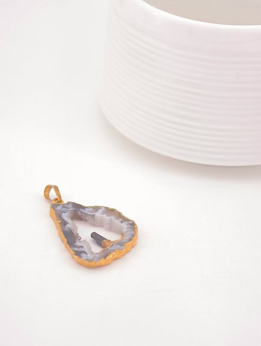 Natural Agate and Black Tourmaline Raw Stone Pendant image