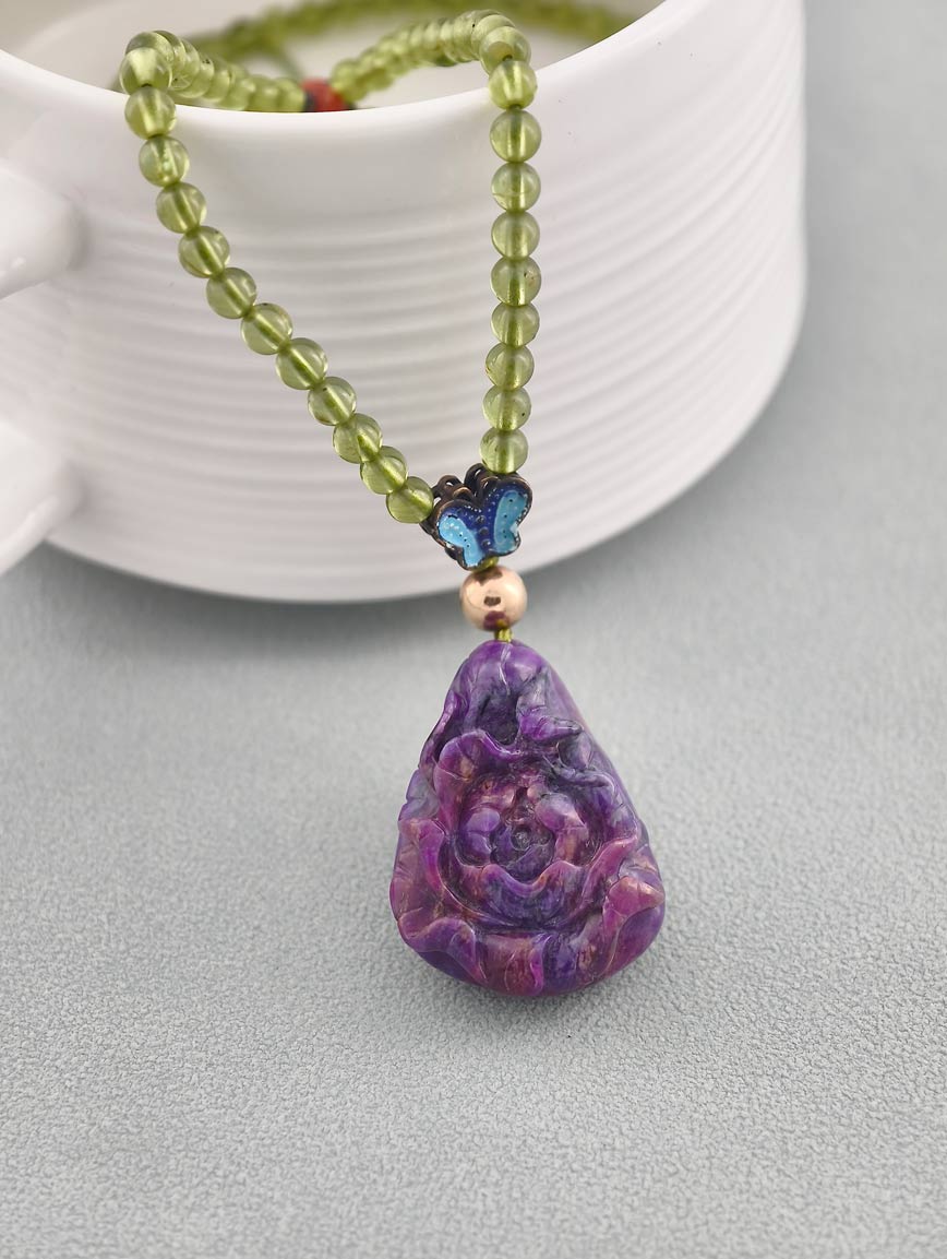 Sugilite Rose with South Red Agate and Peridot Necklace image
