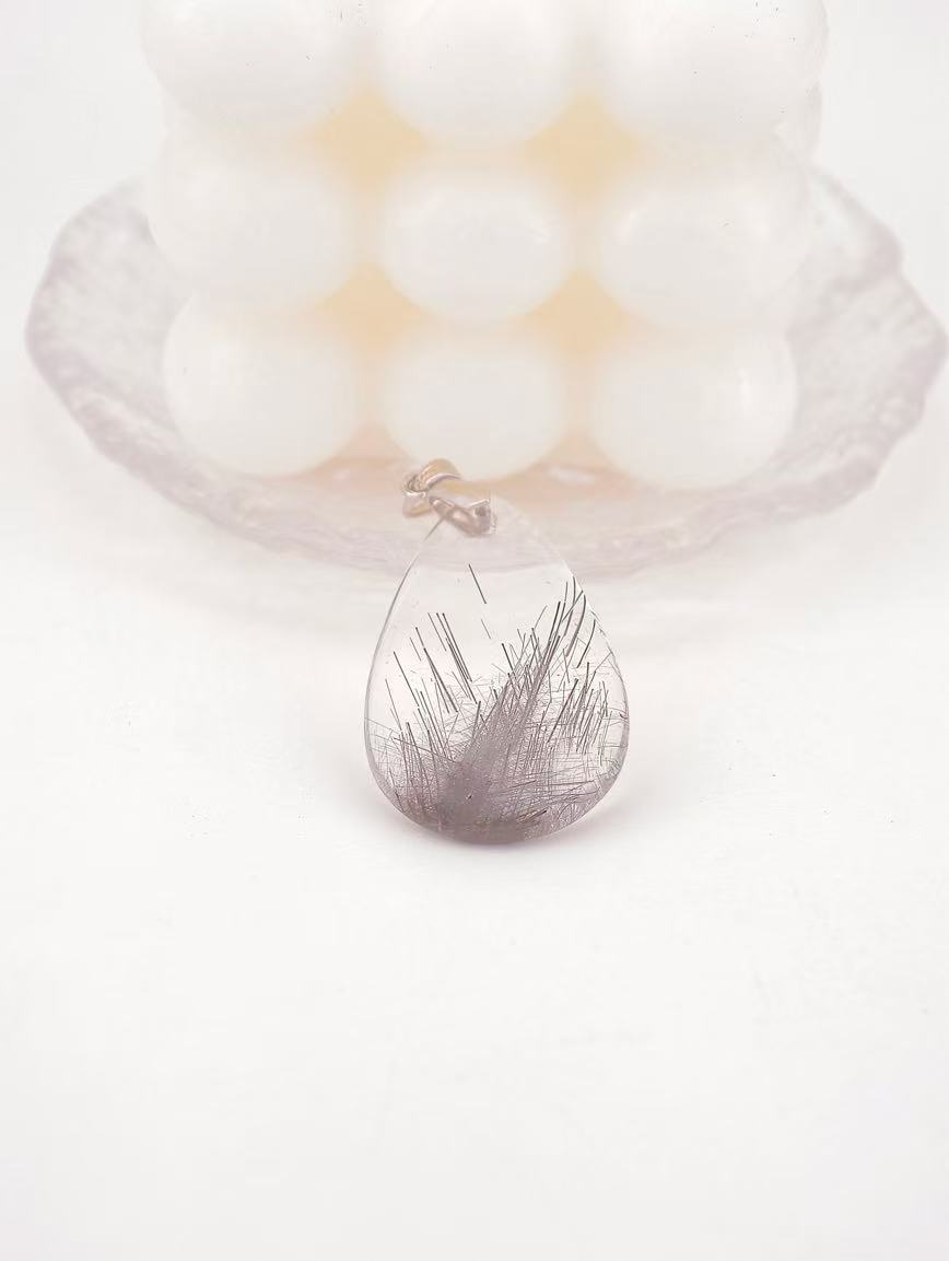 Natural Water Drop Shaped Silver Rutilated Quartz Pendant image