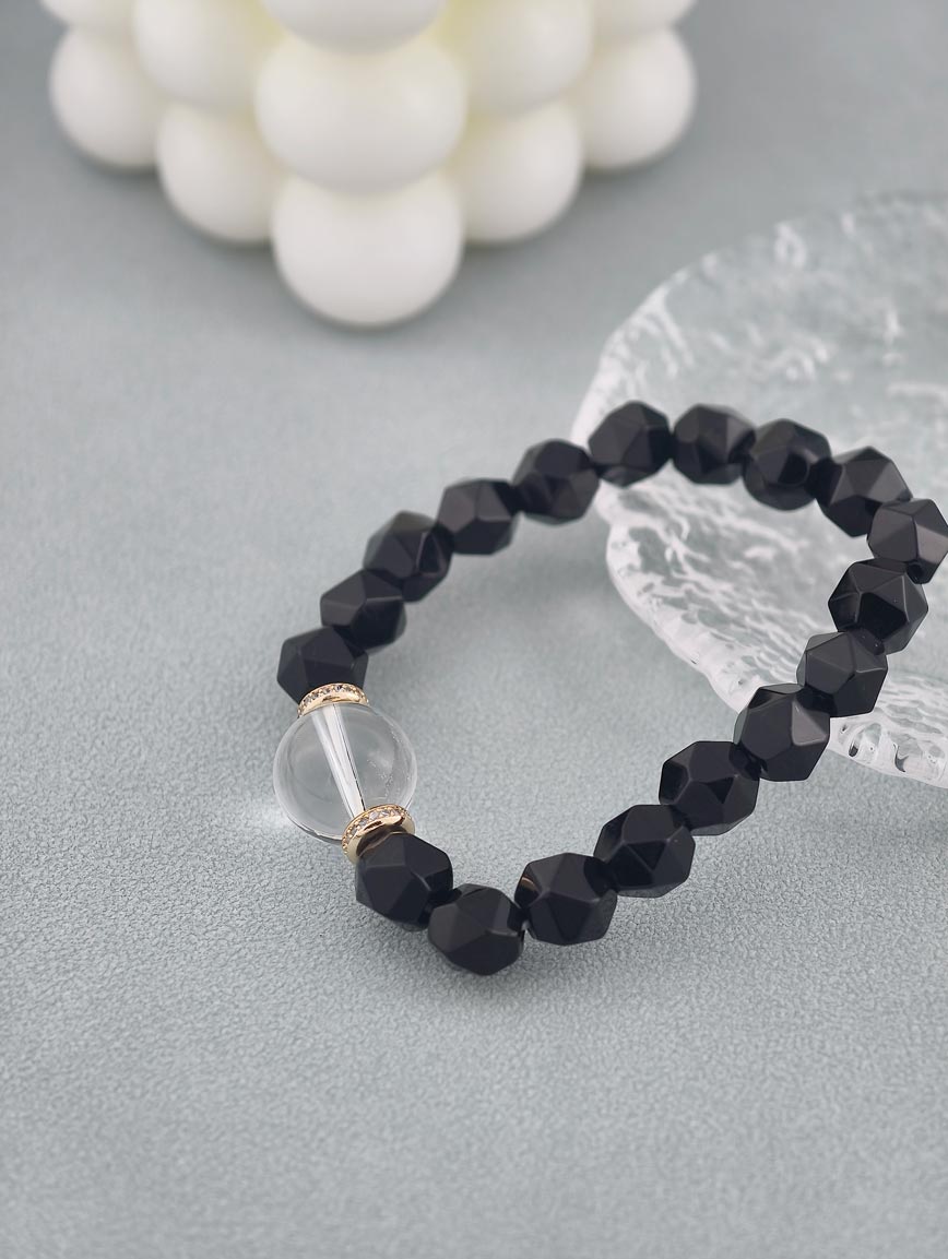 Natural Black Agate and Clear Quartz Bracelet image