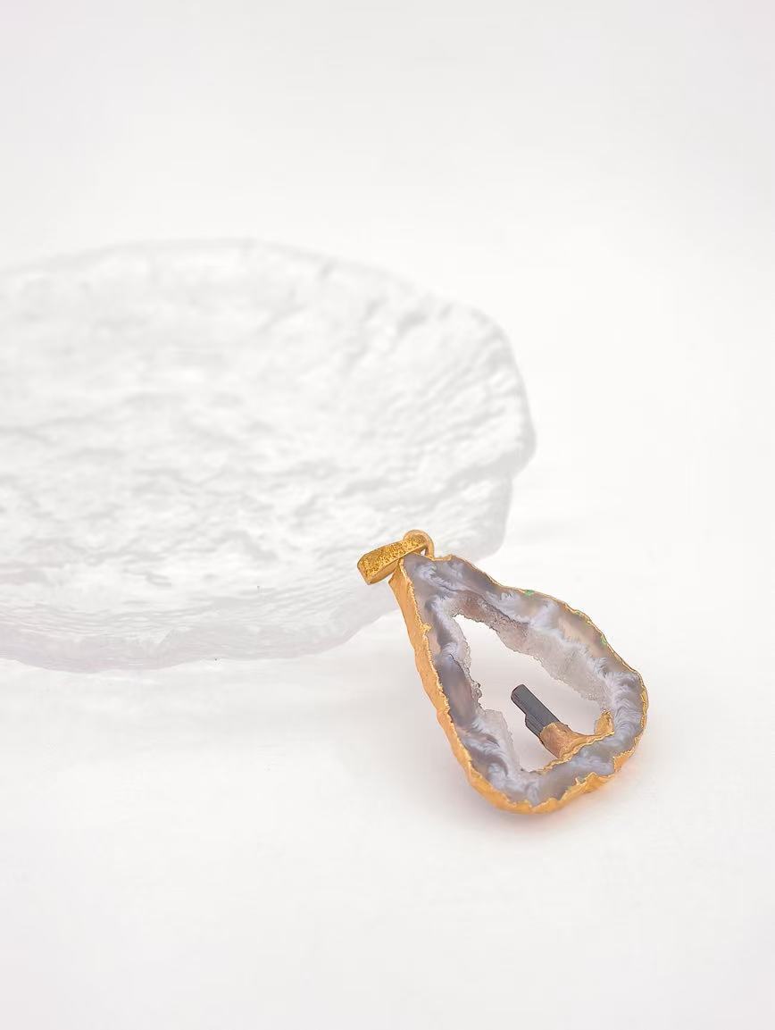 Natural Agate and Black Tourmaline Raw Stone Pendant image