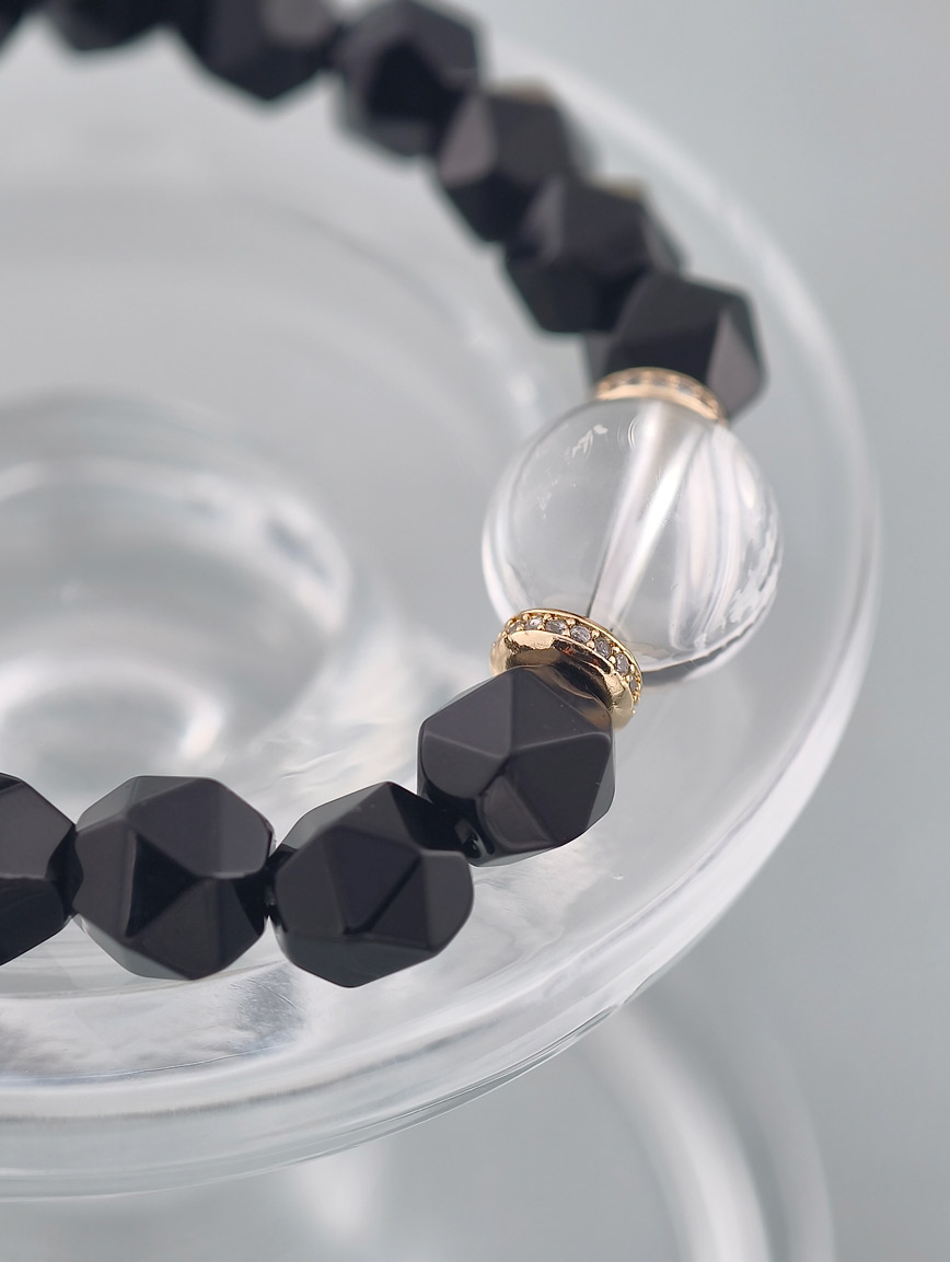 Natural Black Agate and Clear Quartz Bracelet image