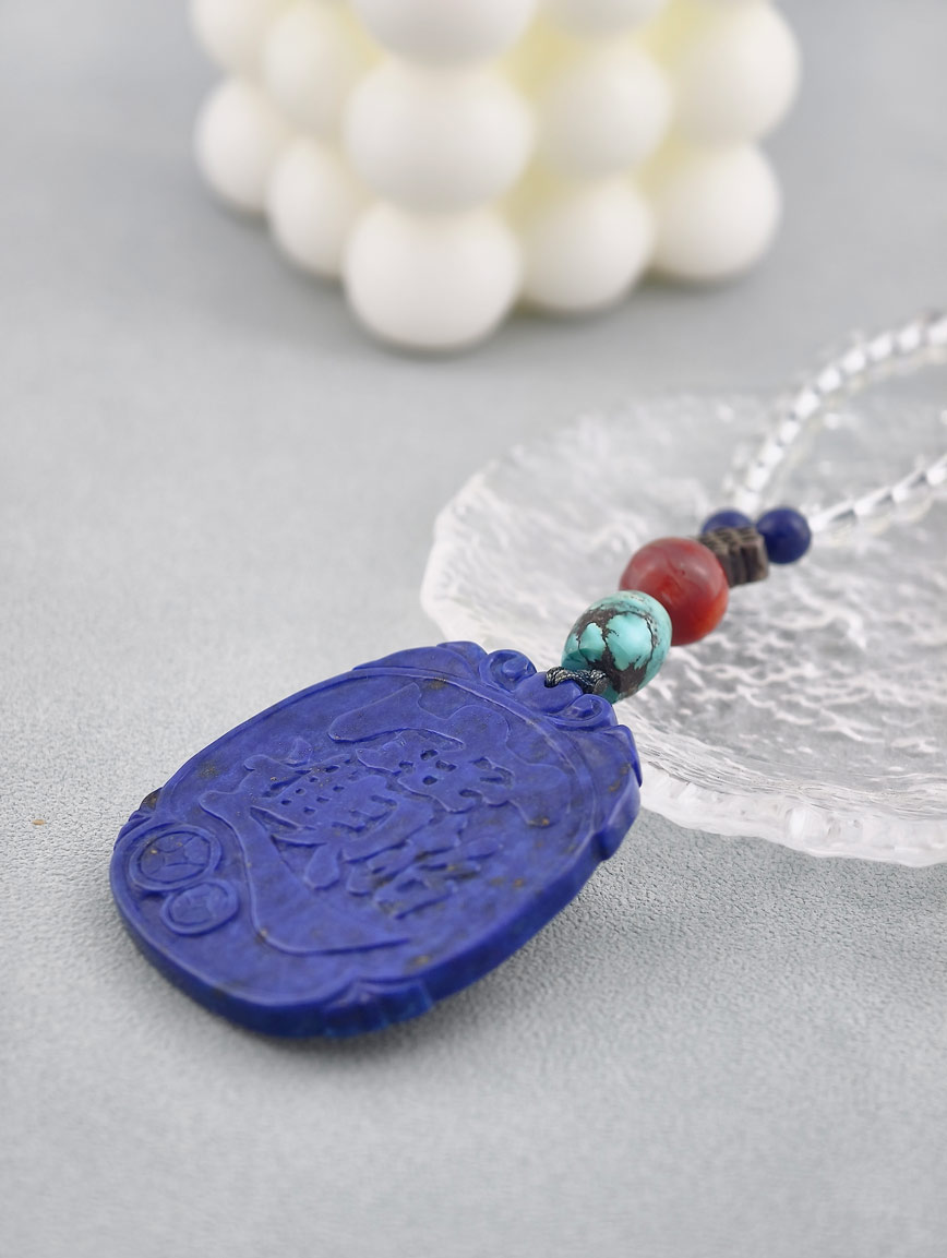Wealth-Attracting Tablet Lapis Lazuli with Natural Turquoise South Red Agate Pure Silver and Clear Quartz Necklace image