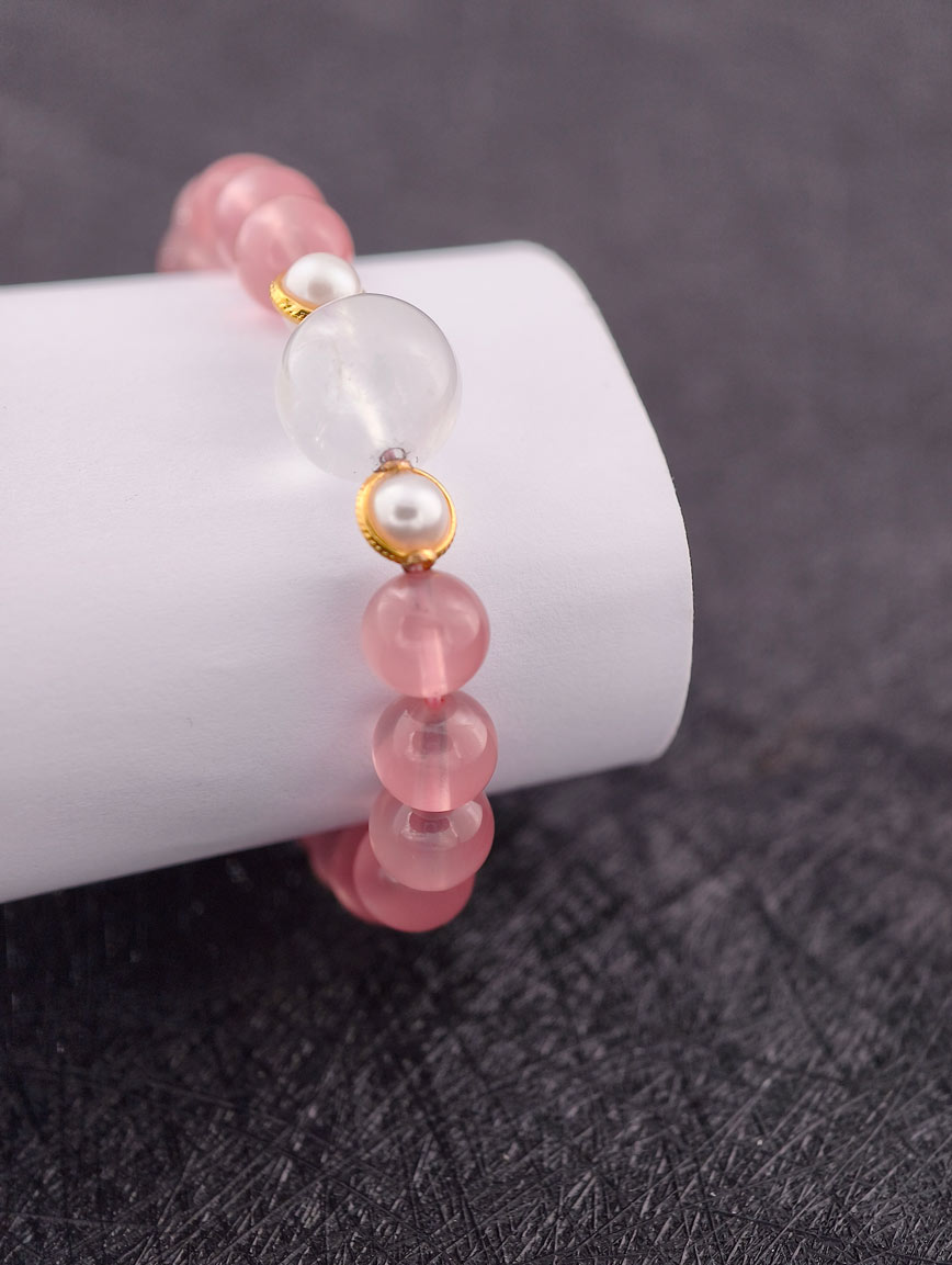 Rose Quartz and Moonstone 18K Gold Inlaid Pearl Bracelet image
