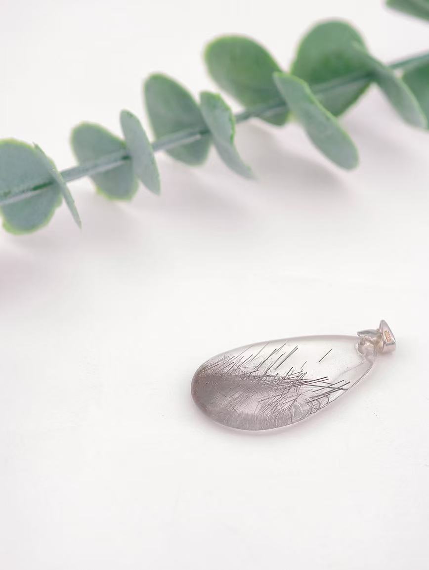 Natural Water Drop Shaped Silver Rutilated Quartz Pendant image