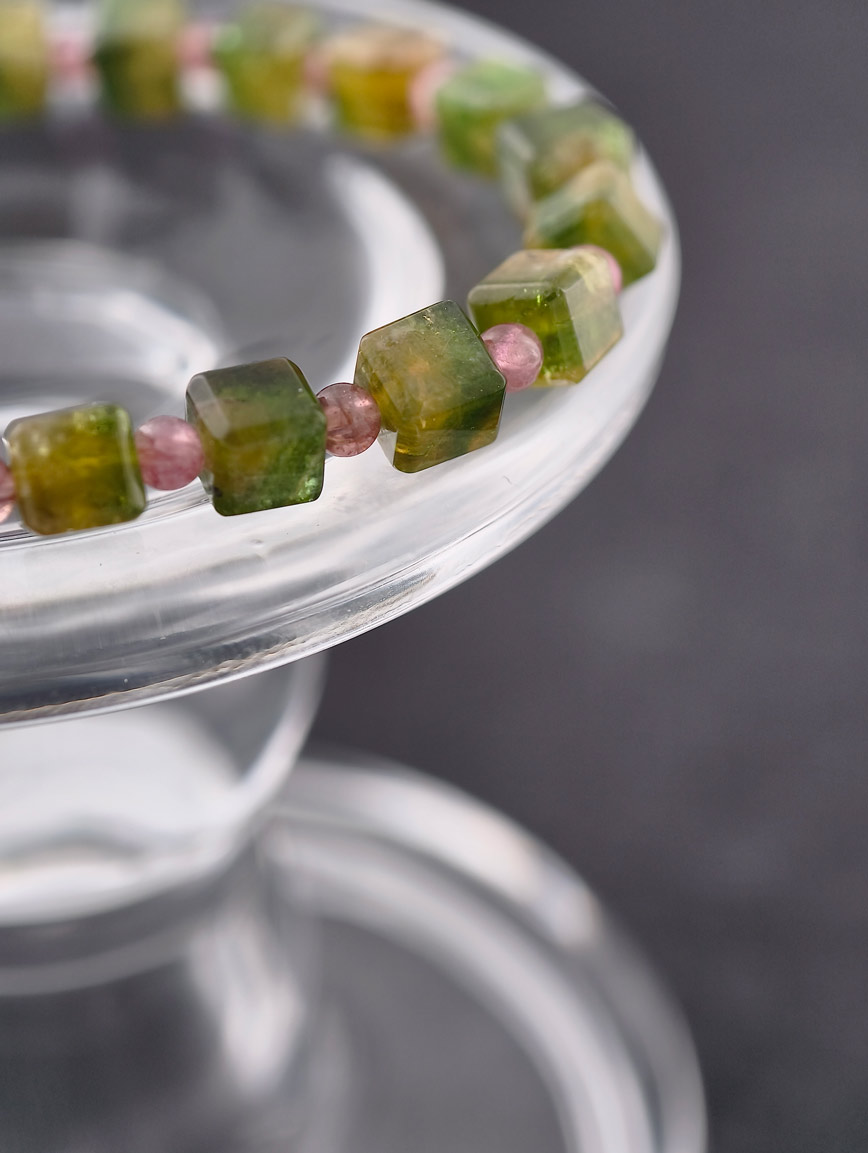 Yellow-Green Cube Cut Tourmaline and Pink Tourmaline Bracelet image