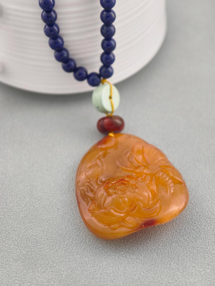 Amber Pendant with South Red Agate Turquoise and Lapis Lazuli Necklace image