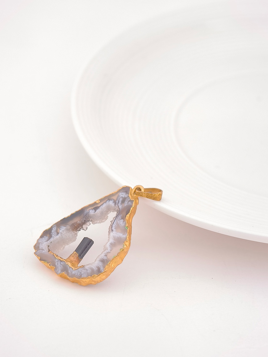 Natural Agate and Black Tourmaline Raw Stone Pendant image