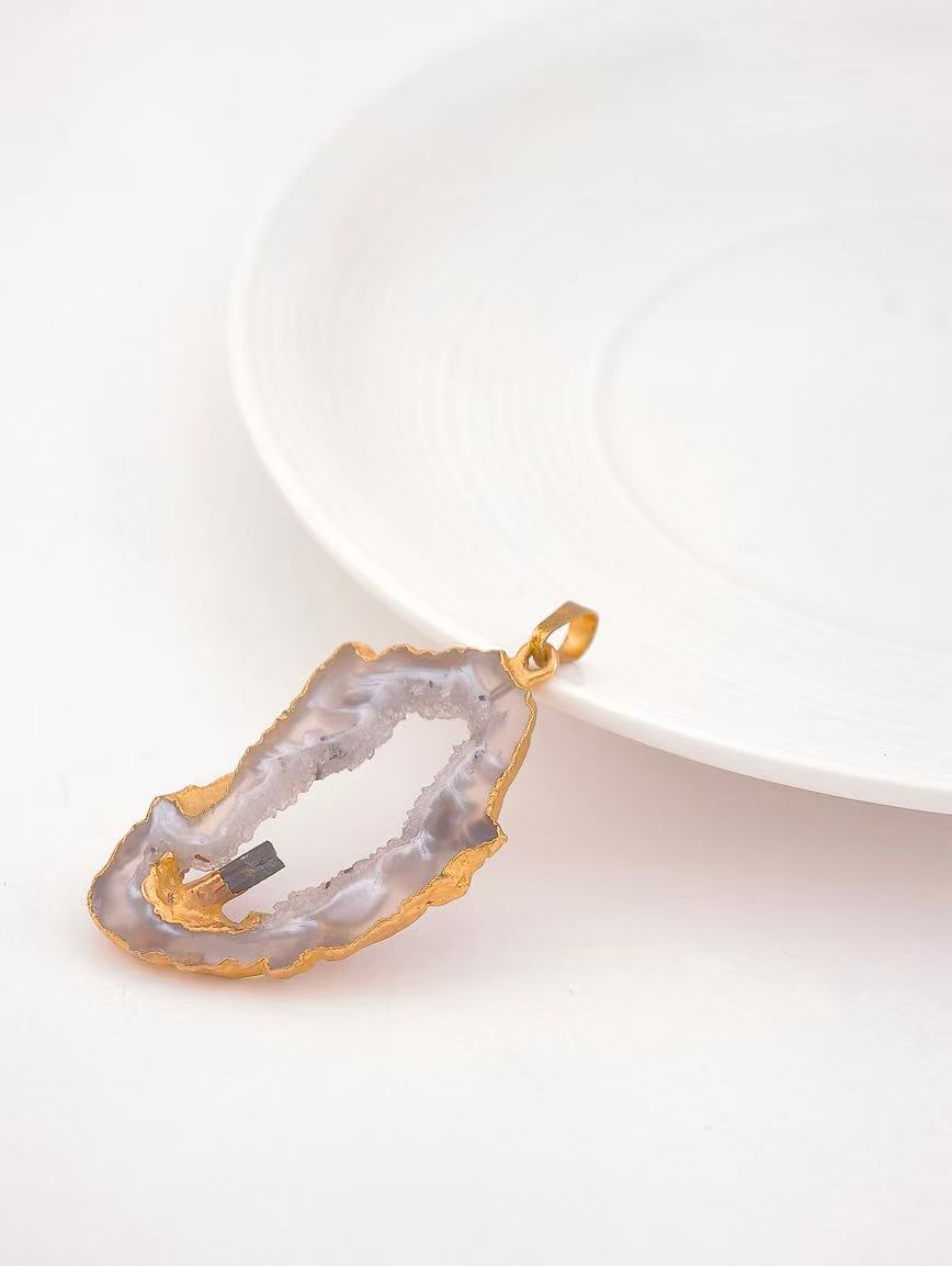 Agate and Black Tourmaline Raw Stone Pendant image
