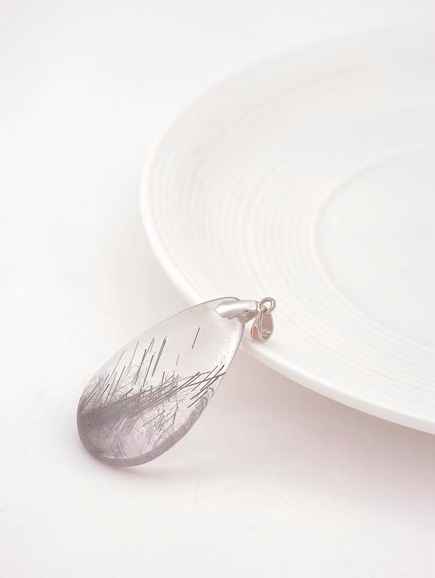 Natural Water Drop Shaped Silver Rutilated Quartz Pendant image