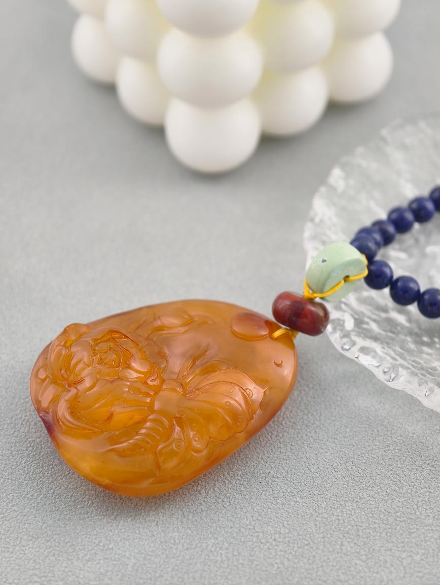 Amber Pendant with South Red Agate Turquoise and Lapis Lazuli Necklace image