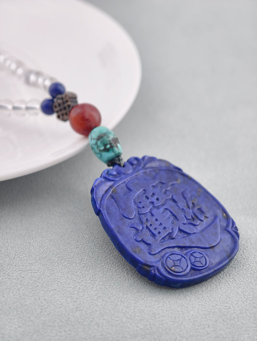 Wealth-Attracting Tablet Lapis Lazuli with Natural Turquoise South Red Agate Pure Silver and Clear Quartz Necklace image