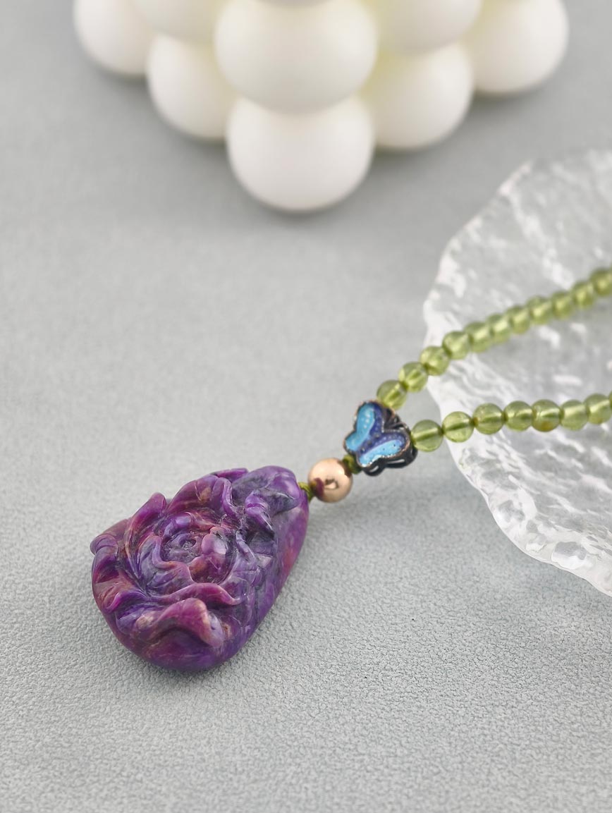 Sugilite Rose with South Red Agate and Peridot Necklace image
