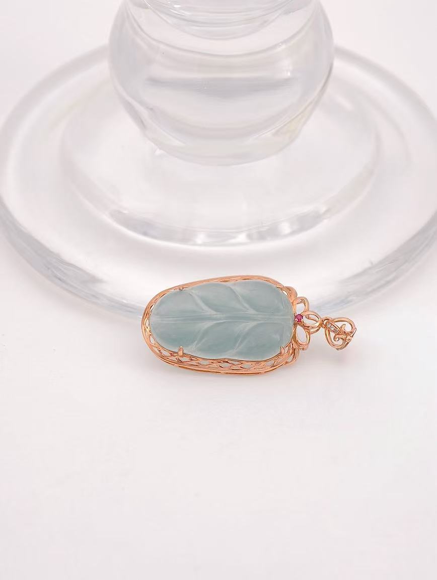 18K Gold Natural Blue Water Jadeite Pendant image