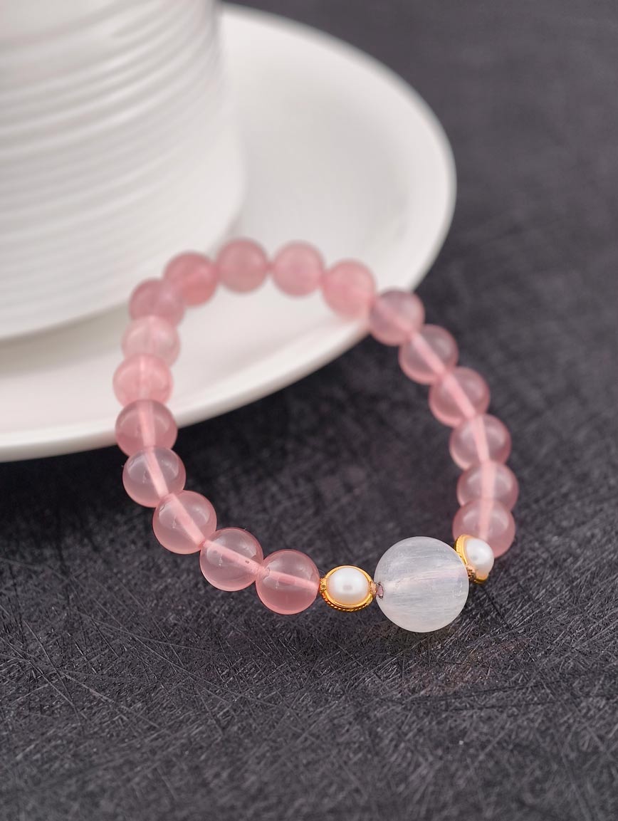 Rose Quartz and Moonstone 18K Gold Inlaid Pearl Bracelet image