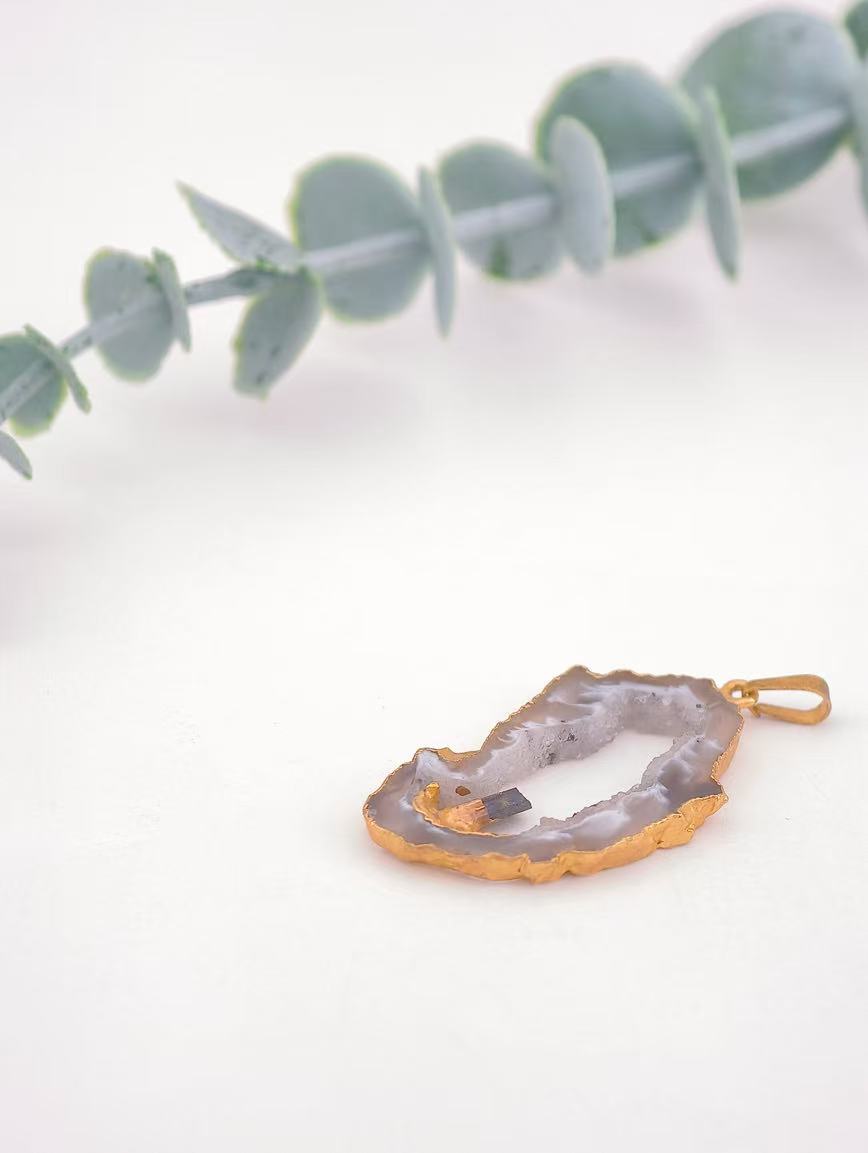 Agate and Black Tourmaline Raw Stone Pendant image