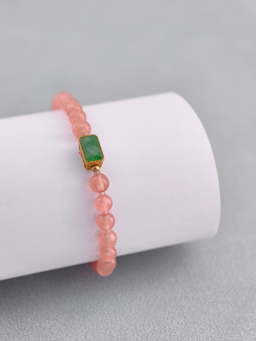 Natural Rhodochrosite and 18K Gold Inlaid Jadeite Bracelet image