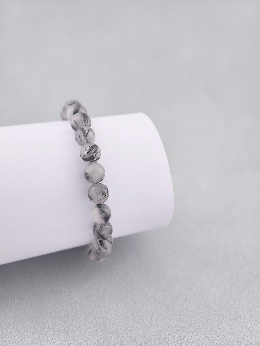 Natural Black Rutilated Quartz Round Bead Bracelet image