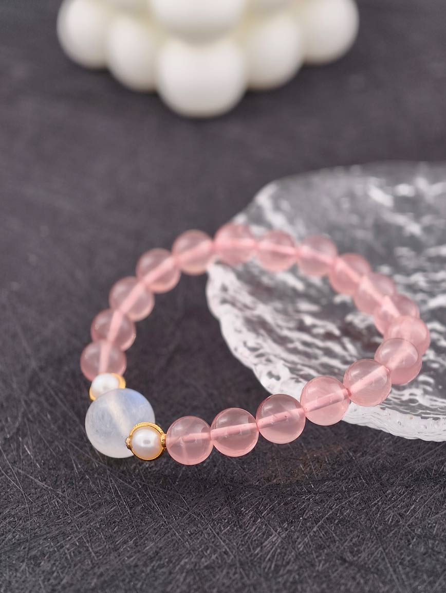 Rose Quartz and Moonstone 18K Gold Inlaid Pearl Bracelet image