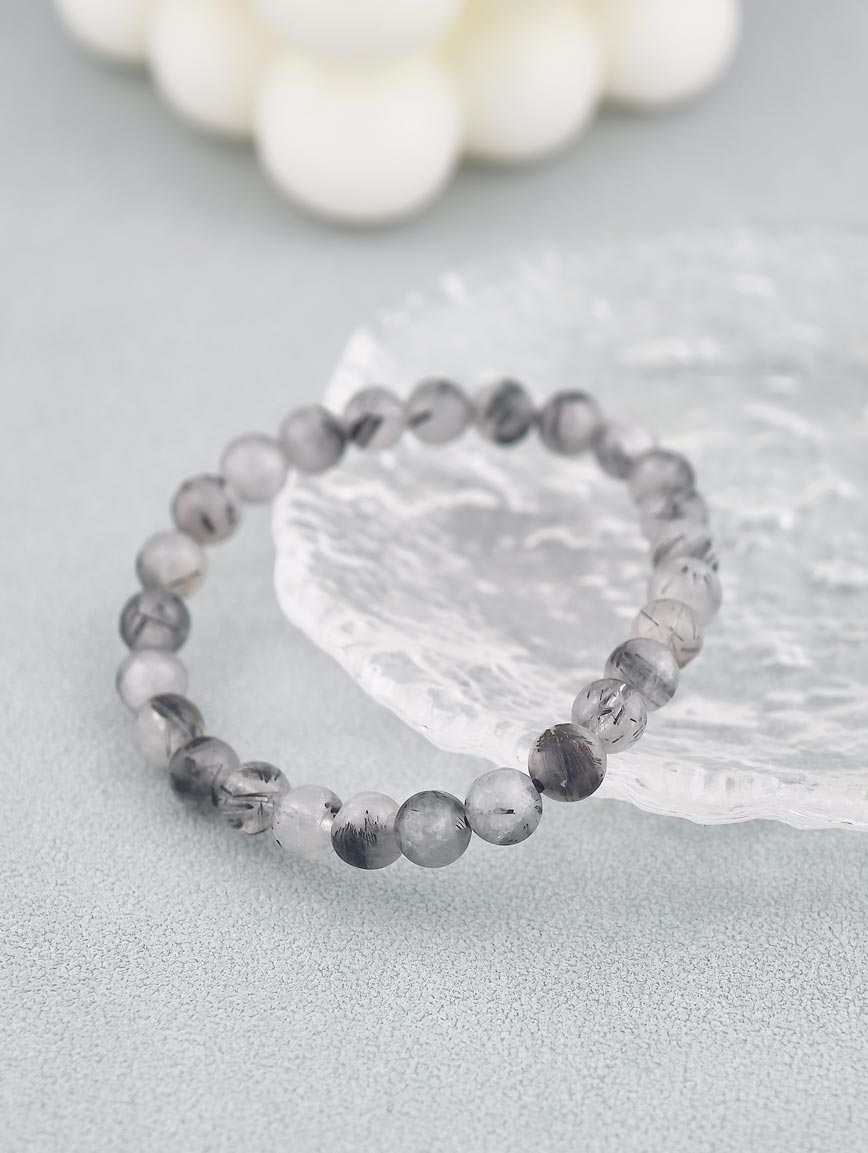 Natural Black Rutilated Quartz Round Bead Bracelet image