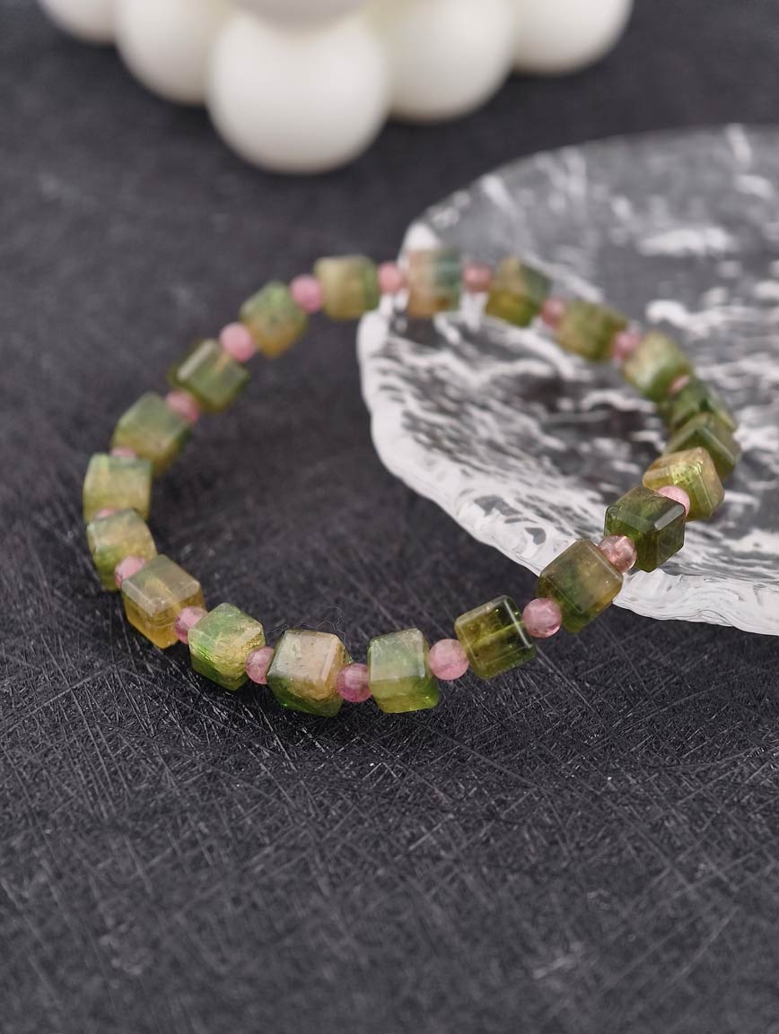 Yellow-Green Cube Cut Tourmaline and Pink Tourmaline Bracelet image