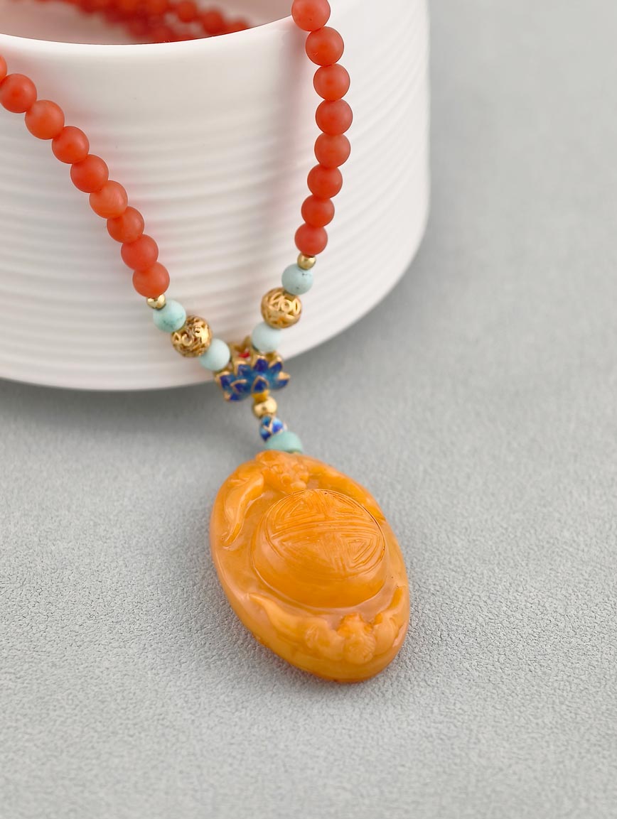 Natural Amber with South Red Agate and Turquoise Necklace image