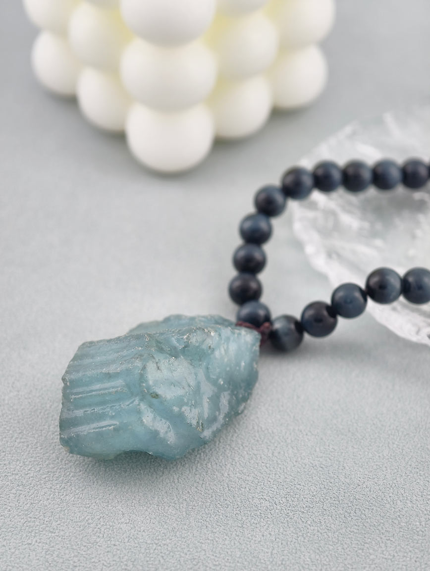 Natural Aquamarine with Premium Hawk's Eye and South Red Agate Necklace image