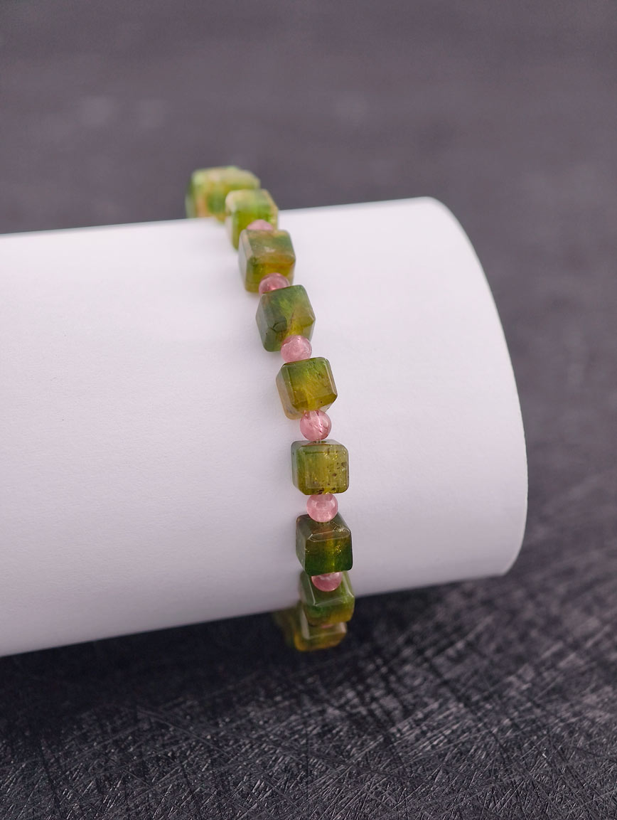 Yellow-Green Cube Cut Tourmaline and Pink Tourmaline Bracelet image