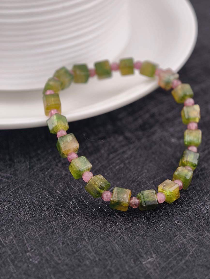 Yellow-Green Cube Cut Tourmaline and Pink Tourmaline Bracelet image