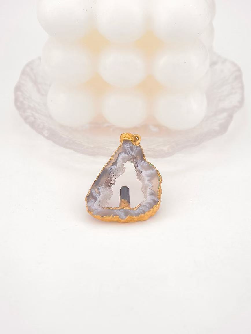 Natural Agate and Black Tourmaline Raw Stone Pendant image
