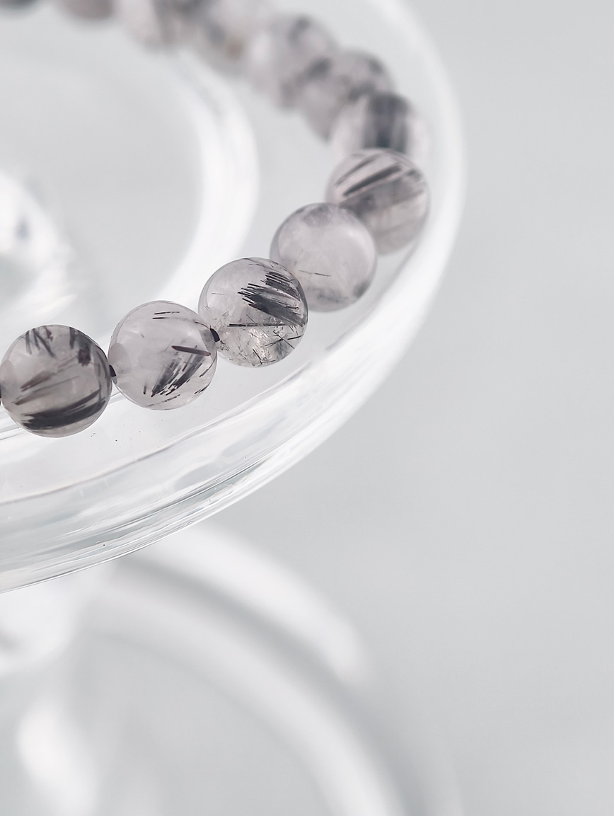 Natural Black Rutilated Quartz Round Bead Bracelet image