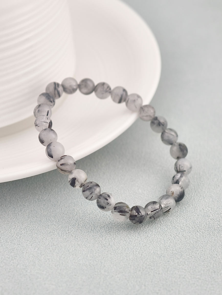 Natural Black Rutilated Quartz Round Bead Bracelet image