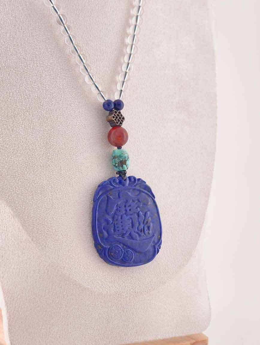 Wealth-Attracting Tablet Lapis Lazuli with Natural Turquoise South Red Agate Pure Silver and Clear Quartz Necklace
