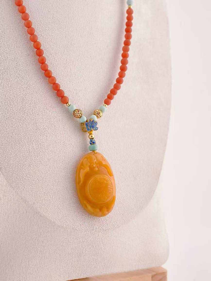 Natural Amber with South Red Agate and Turquoise Necklace