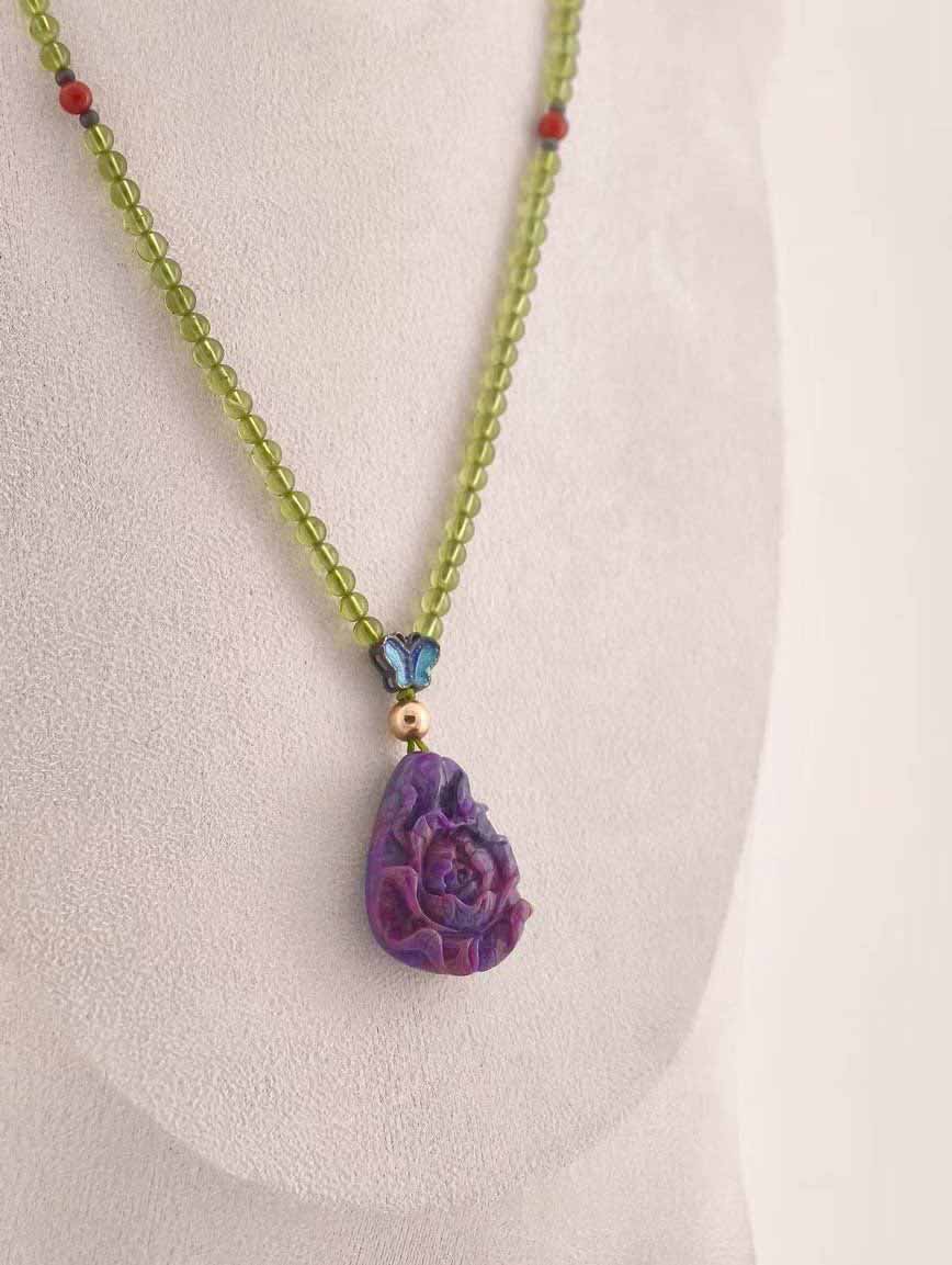 Sugilite Rose with South Red Agate and Peridot Necklace