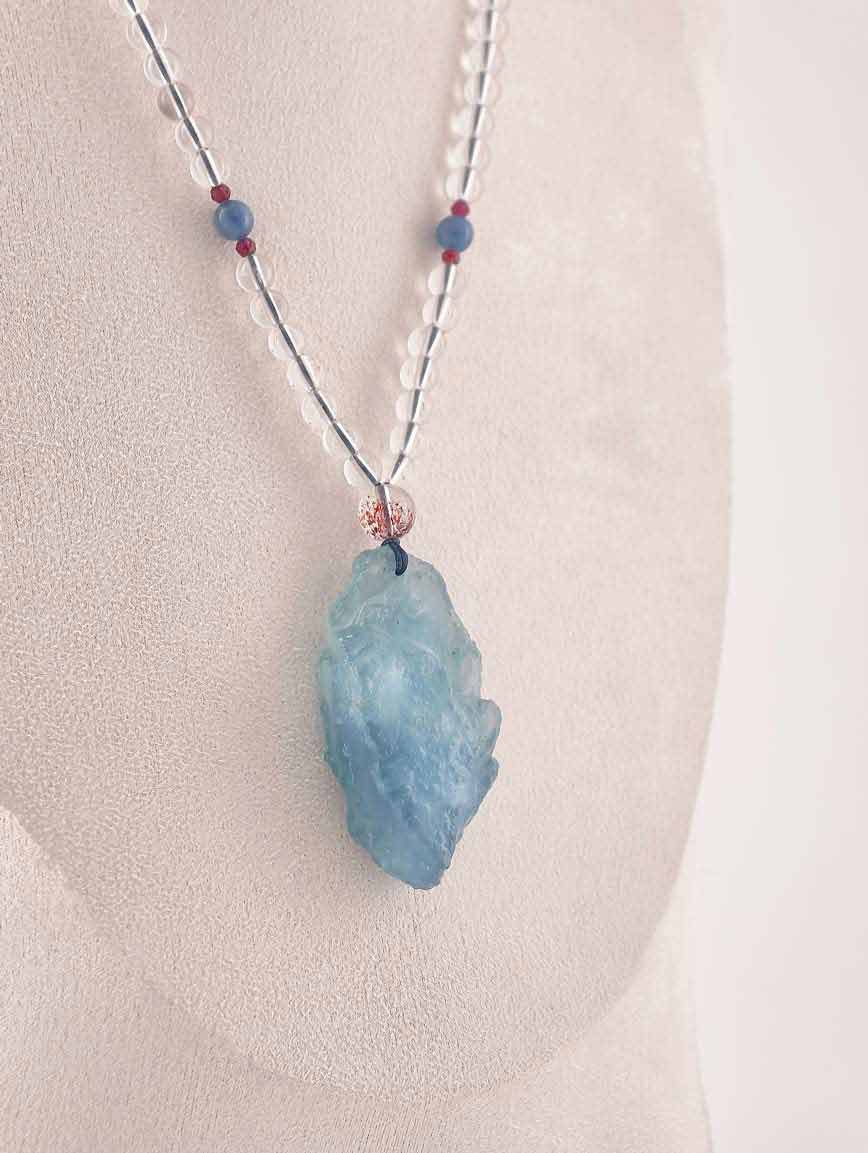 Aquamarine Pendant Clear Quartz Garnet Kyanite Super Seven Necklace