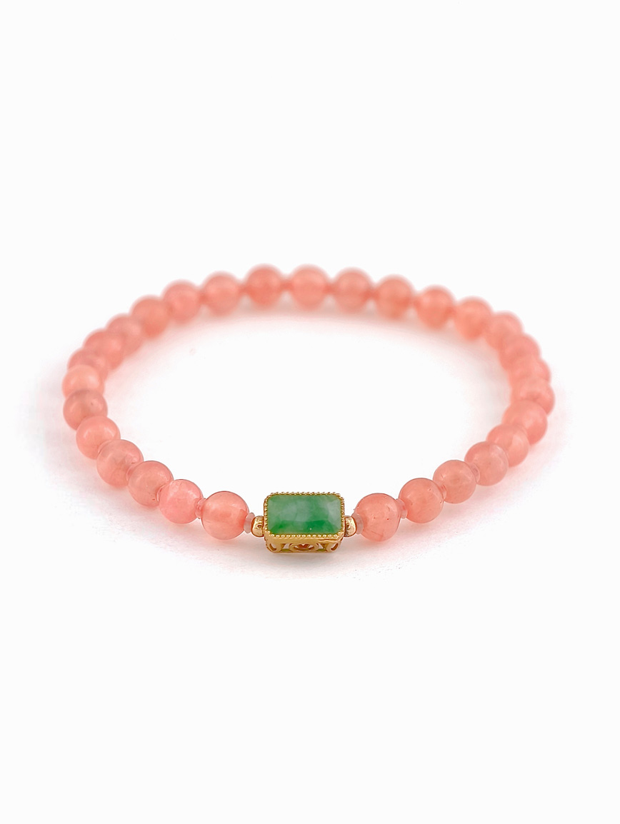 Natural Rhodochrosite and 18K Gold Inlaid Jadeite Bracelet